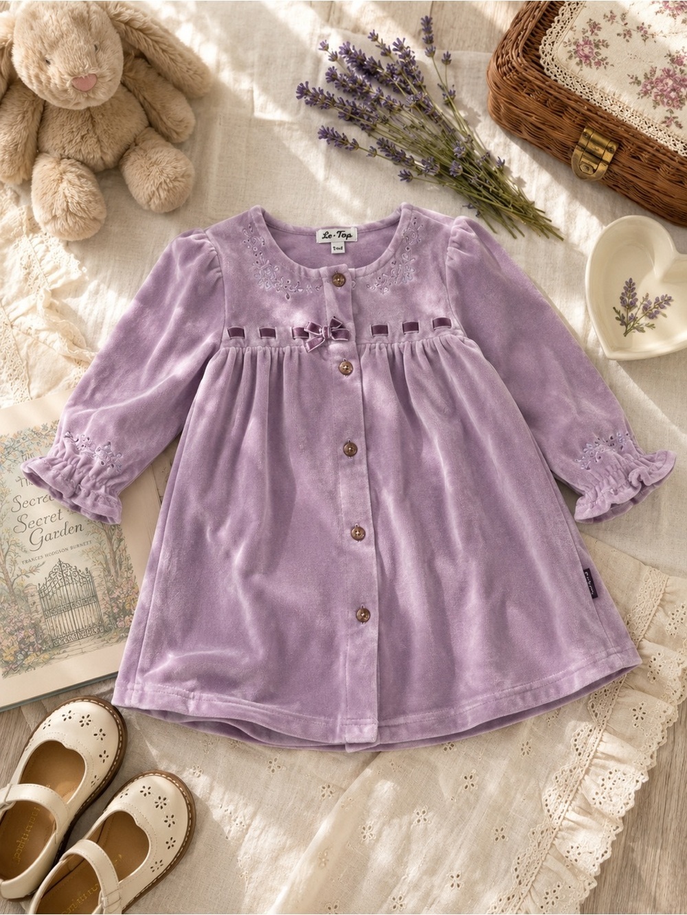Vintage Le Top Lavender Purple  Velvet Button-Front Girls Dress